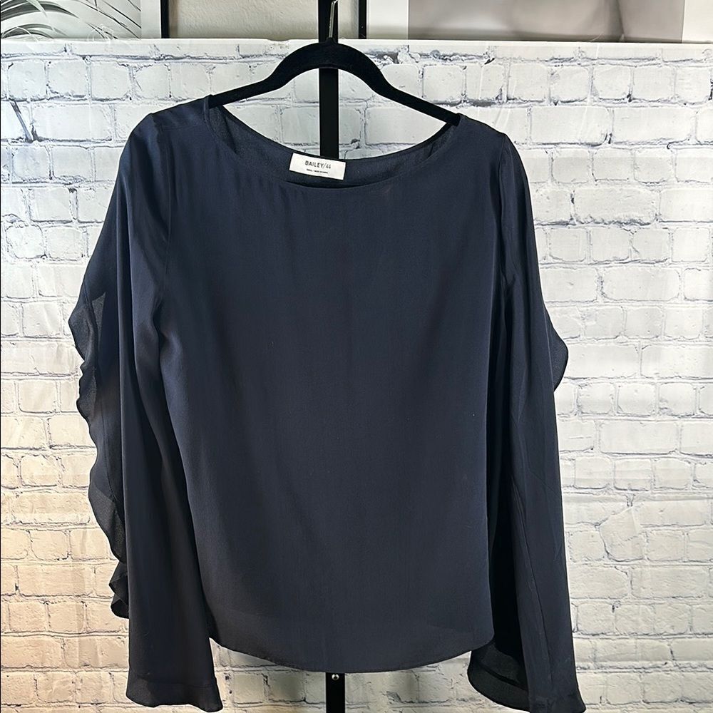 🖤 Bailey 44 100% Silk Navy Chiffon Blouse with Ruffle Sleeves – Size Small
